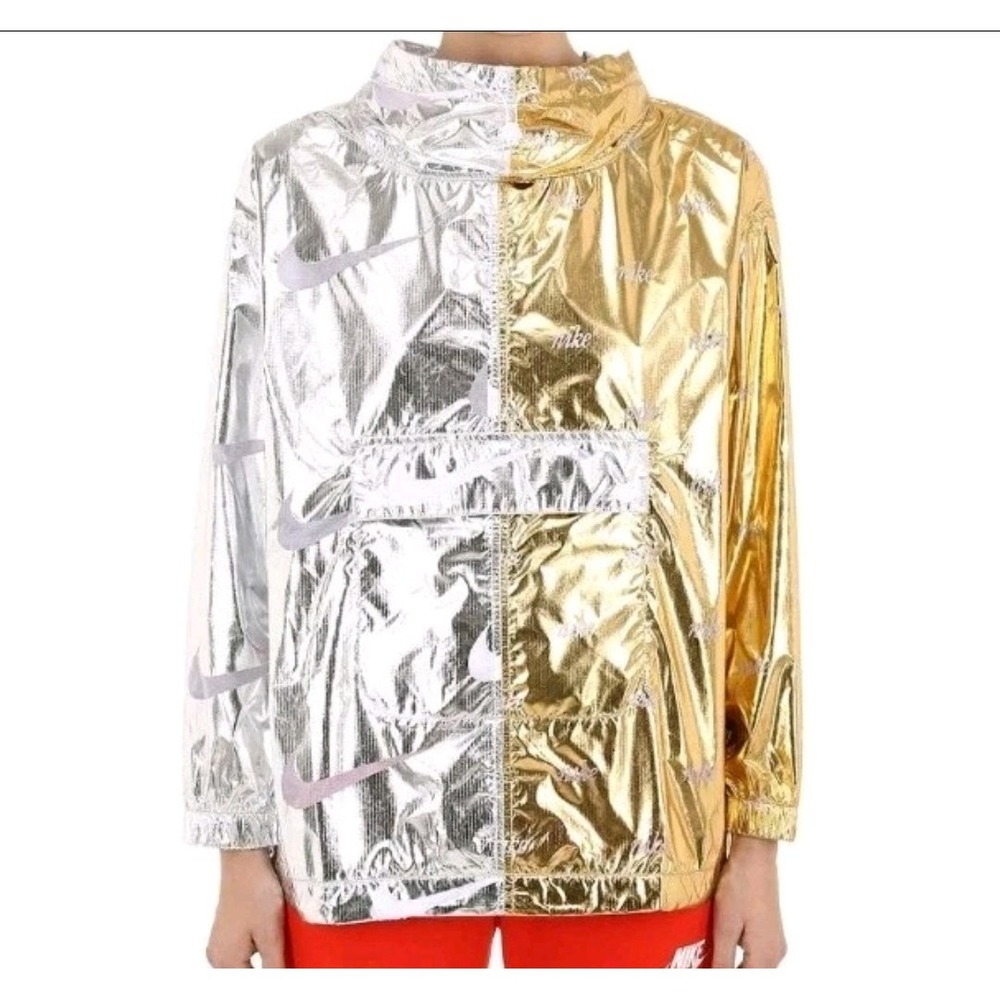 Nike Womens Sportswear Metalic Jacket - Size Medium - Windbreaker -Gold - Silver